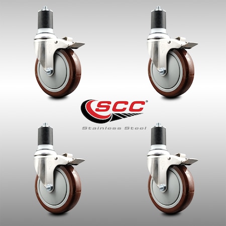 Service Caster 5 Inch 316SS Maroon Poly Swivel 1-3/4 Inch Expanding Stem Caster Set Lock Brake SCC-SS316TTLEX20S514-PPUB-MRN-134-4